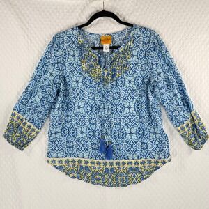 Ruby Rd Petite Blue Yellow Tile Print Split Neck Tassel Blouse PS Metallic 62741
